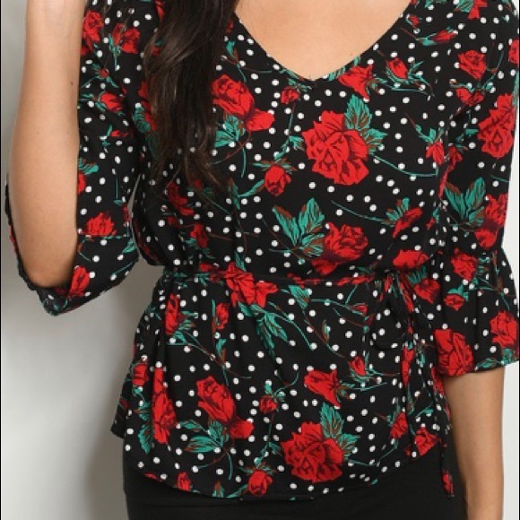 ❌DONATED❌Black Floral Polka Dot Print Tie Waist Top - Picture 2 of 9